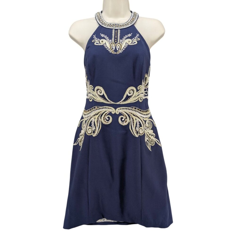 Lilly Pulitzer Benita Shift Dress Navy Blue Halter Embroidered Rhinestone Size 2